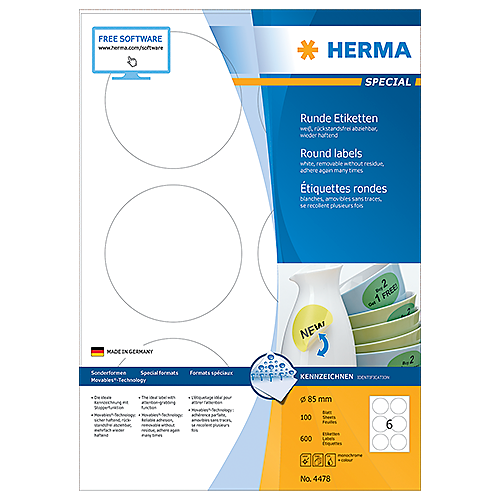 Avtagbara etiketter Herma diameter 85 mm 600/fp
